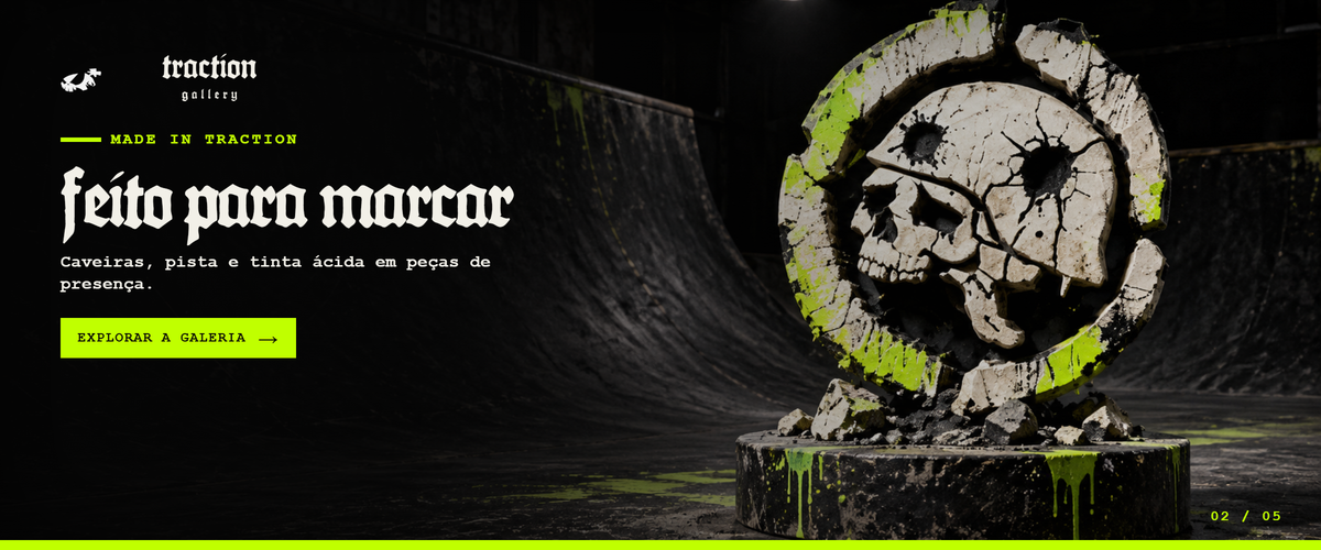 Made in Traction, feito para marcar: caveiras, pista e tinta ácida em peças de presença. Explorar a galeria.
