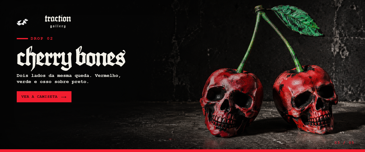 Cherry Bones, Drop 02: dois lados da mesma queda, vermelho, verde e osso sobre preto. Ver a camiseta.