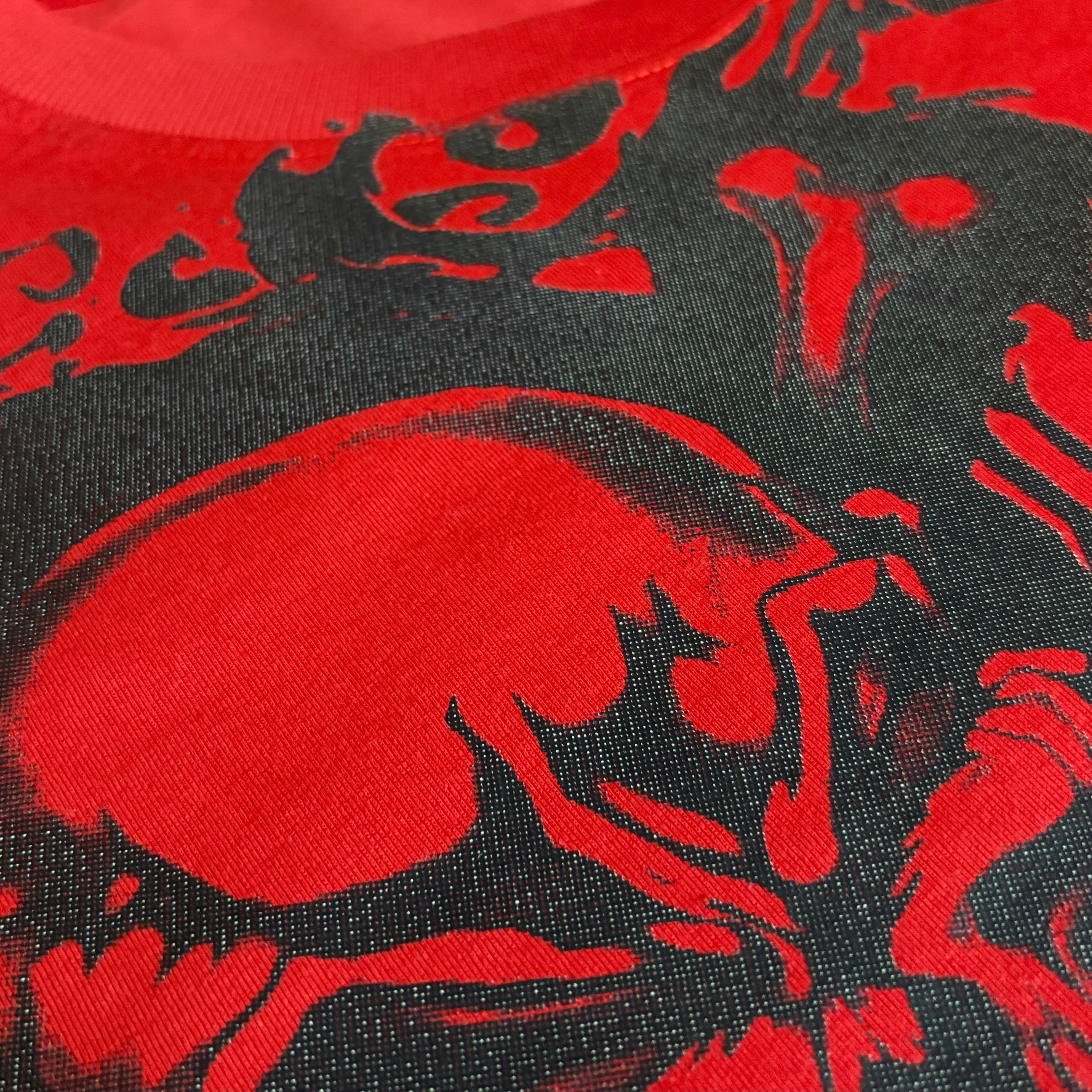CAMISETA REGULAR “RED RAGE” RELEITURA ARCHAIC ALGODÃO PENTEADO (mais ou menos cópia)